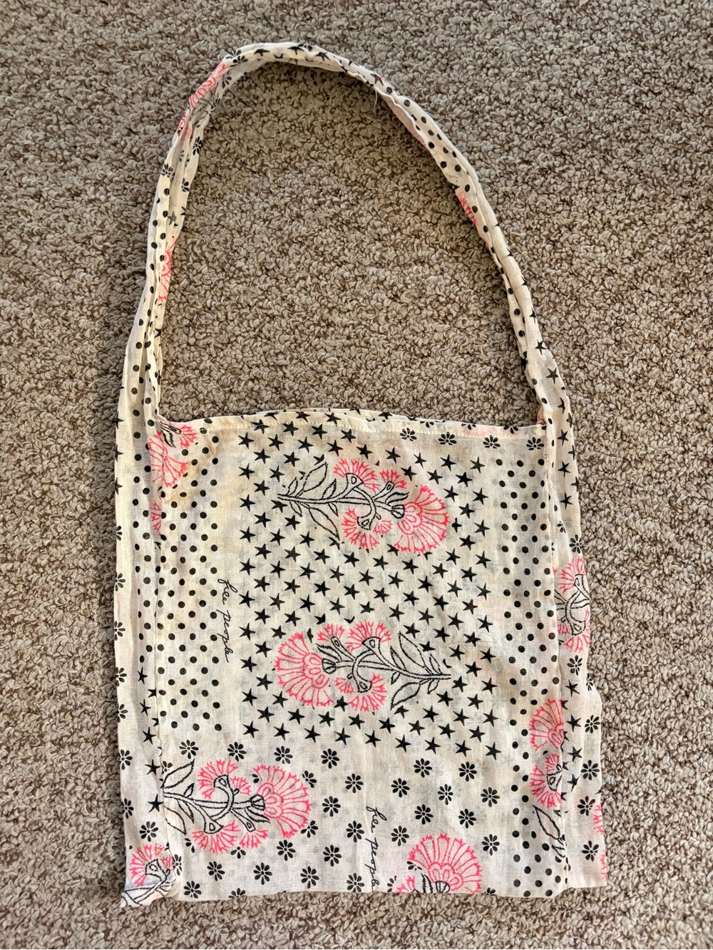 Free People Cream Canvas Tote with Pink Floral and Black Star Print